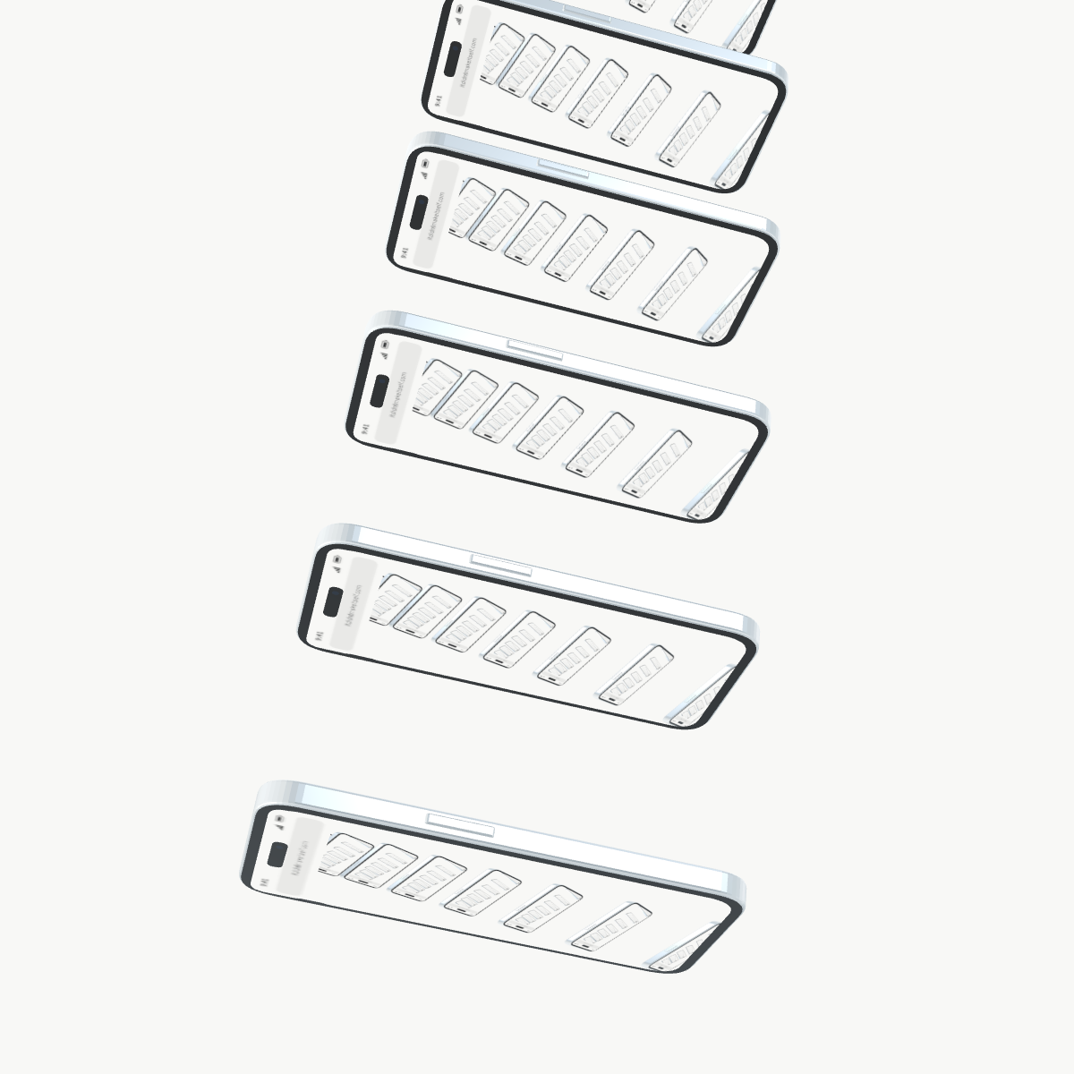 Hundreds of phones with space between them, seen along their long sides.